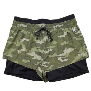 PINK Victoria Secret Ultimate Camo 2-in-1 Running Shorts Green Black Womens L